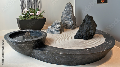 Indoor Zen Garden, stone, sand, water feature, plants, modern interior, relaxation.