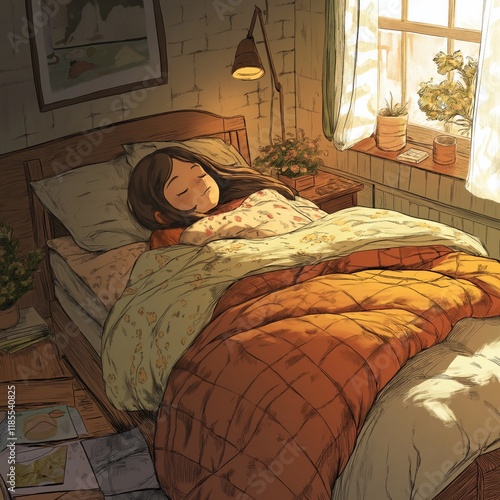 Cozy bedroom scene with female teen sleeping peacefully in sunlit room photo