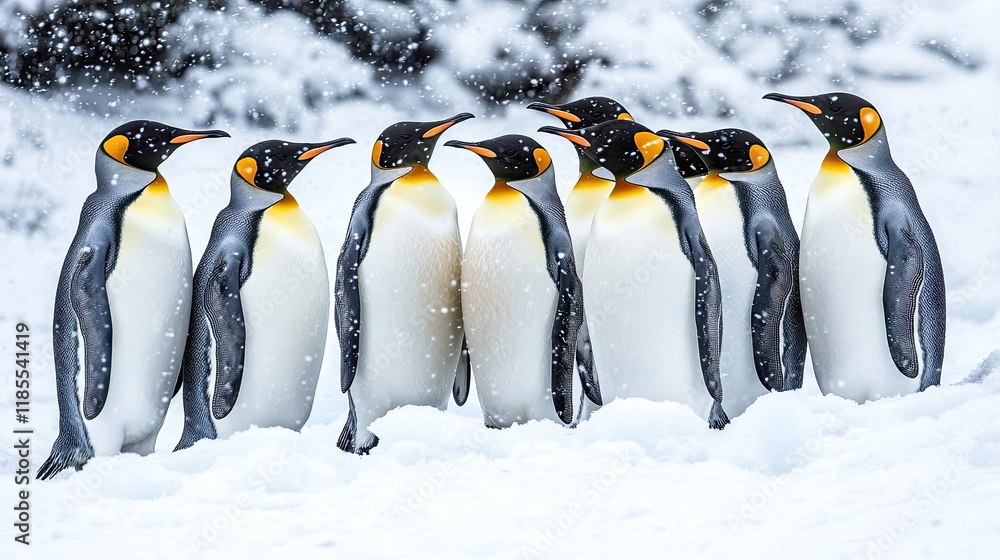 Fototapeta premium A group of emperor penguins huddled together in a snowy landscape.