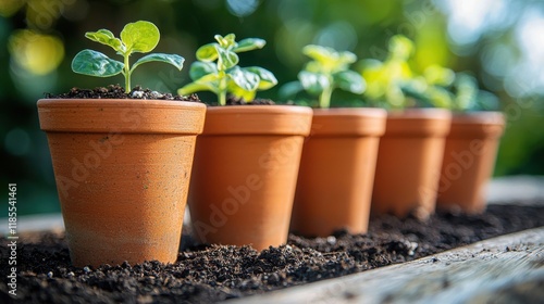 Young seedlings growing in terracotta pots arranged in a row on fertile soil, with a sunny outdoor backdrop, symbolizing growth, gardening, and sustainability.