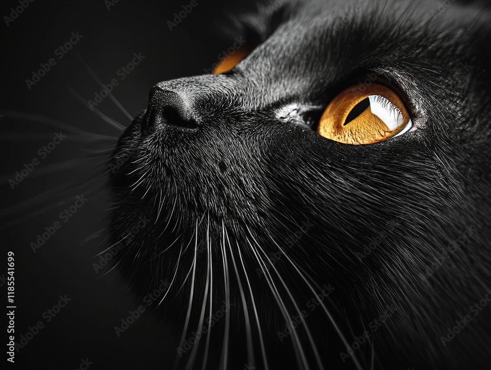 A close-up of a black cat's face, showcasing its striking orange eyes against a dark background. A close-up of a black cat's face, showcasing its striking orange eyes against a dark background.