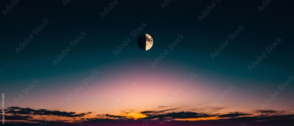 Serene Sunset with Half Moon Night Sky Dusk Celestial Peaceful Serene Sunset with Half Moon Night Sky Dusk Celestial Peaceful