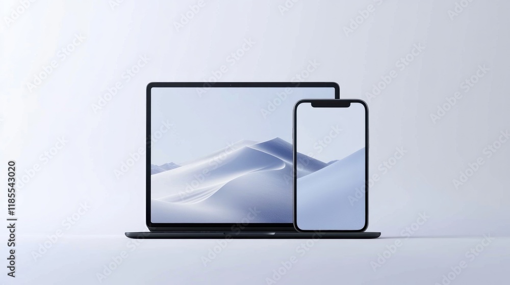 custom made wallpaper toronto digitalLaptop and smartphone mockup showcasing a minimalist design and serene landscape image.