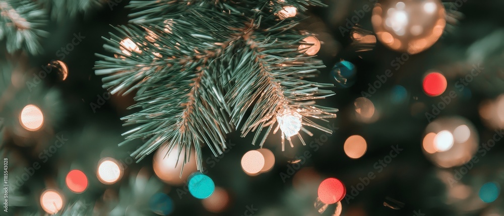 Festive Christmas Tree Branch with Sparkling Lights Close Up Festive Christmas Tree Branch with Sparkling Lights Close Up