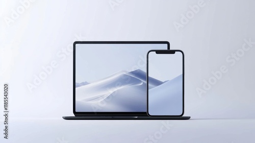 Laptop and smartphone mockup showcasing a minimalist design and serene landscape image.