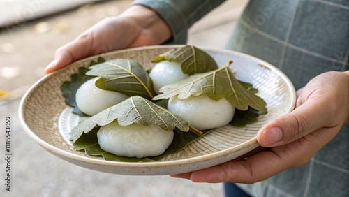 Hands holding kashiwa mochi rice cakes for Children’s Day, traditional Japanese treat, stock photo photo