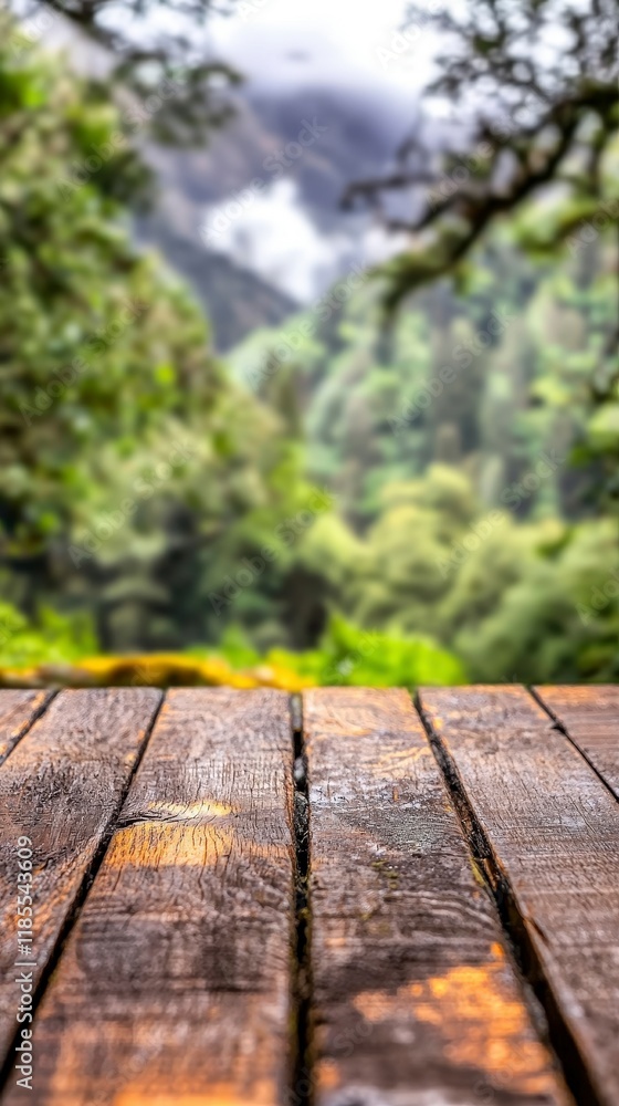 Rustic Wooden Tabletop Lush Green Nature Background Panoramic View Rustic Wooden Tabletop Lush Green Nature Background Panoramic View
