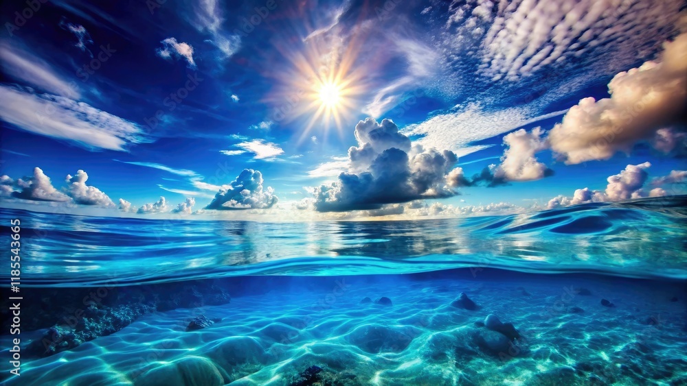 Fototapeta premium High-resolution image: sun-drenched ocean, vibrant blue, underwater detail, dramatic sky.