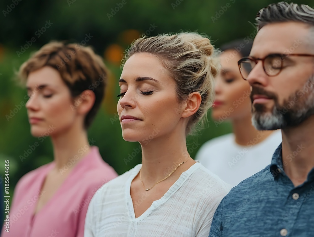 A serene group of individuals meditating outdoors, showcasing tranquility and mindfulness in a lush, natural setting.