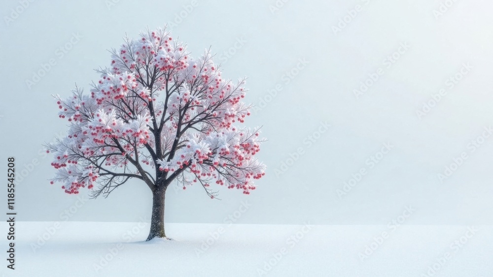 Naklejka premium Solitary Snow-Covered Tree with Red Berries in a Winter Landscape