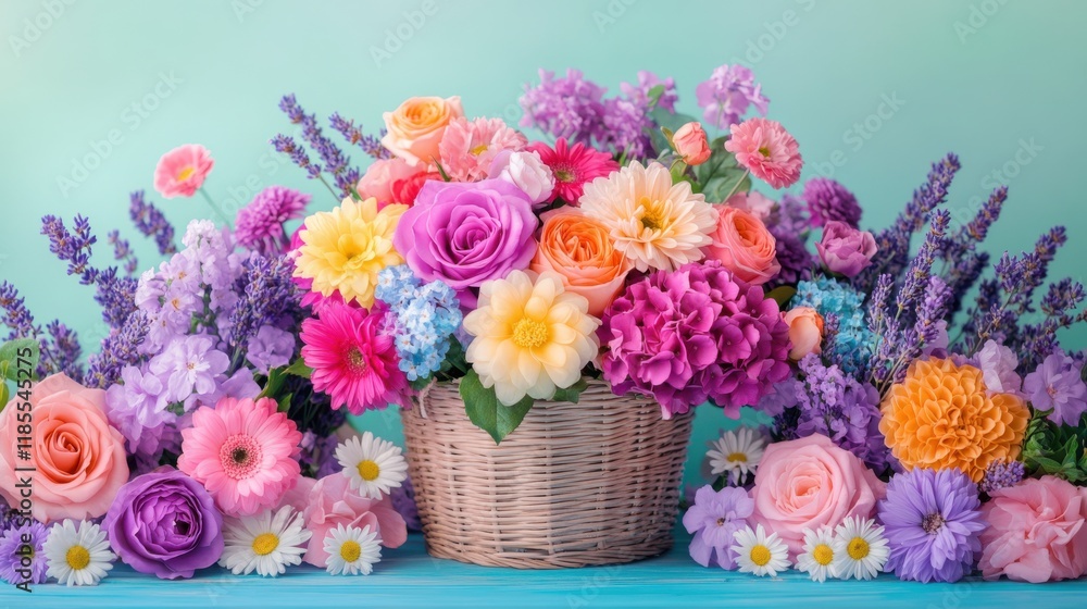 Obraz premium A beautiful wicker basket overflowing with vibrant flowers including roses, dahlias, and lavender, set against a pastel background, perfect for a flower shop display