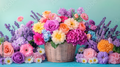 Wallpaper Mural A beautiful wicker basket overflowing with vibrant flowers including roses, dahlias, and lavender, set against a pastel background, perfect for a flower shop display Torontodigital.ca