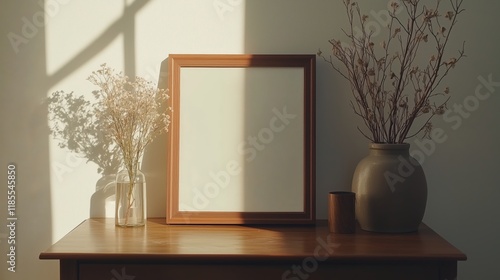 Wooden Frame and Dried Flowers in Rustic Sunlit Interior