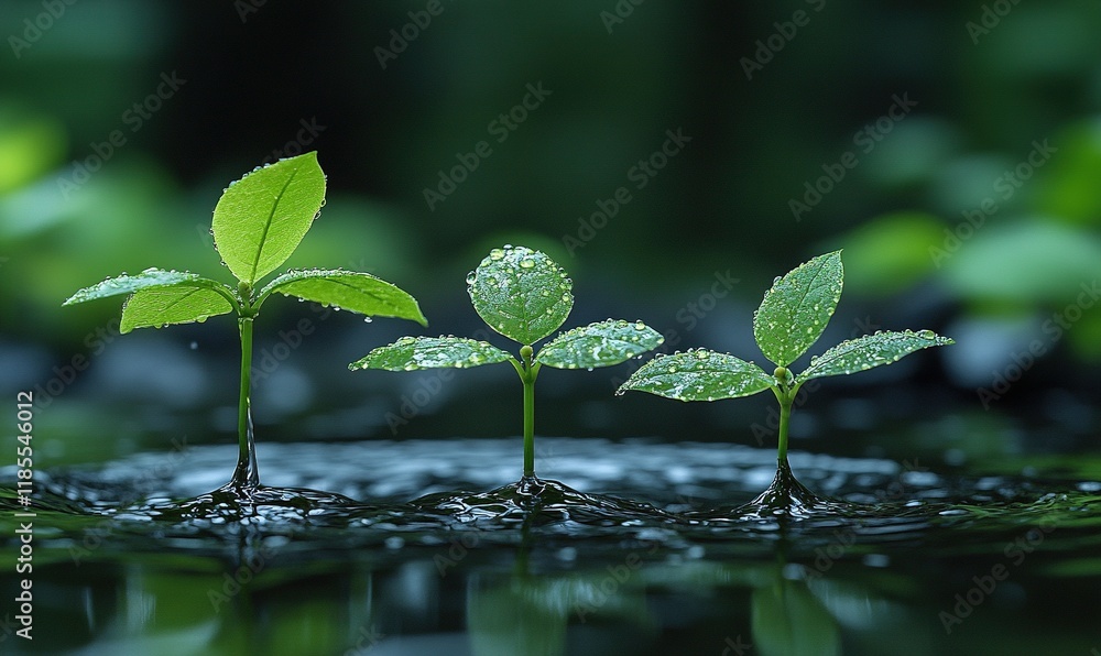 Three small green plants with droplets on leaves, emerging from water, symbolizing growth and renewal.