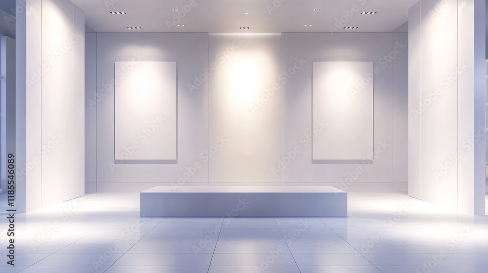 Interior of a minimalistic exhibition space with two empty, sleek stands, soft lighting, and a clean, open design for a modern aesthetic Interior of a minimalistic exhibition space with two empty, sleek stands, soft lighting, and a clean, open design for a modern aesthetic