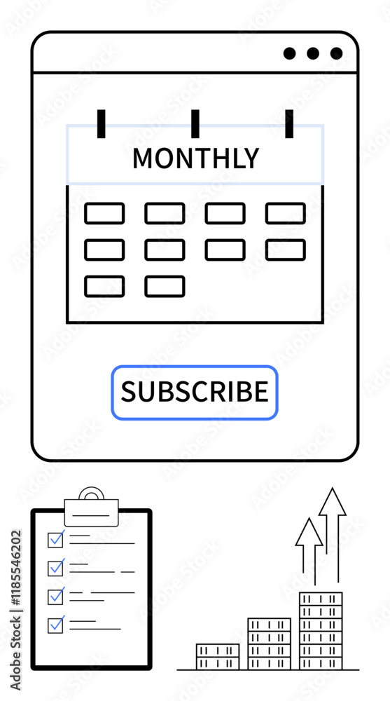 Calendar for monthly subscription, checklist for planning tasks, and bar chart with upward arrows suggesting progress. Ideal for business, planning, goals, growth, analytics, organization abstract