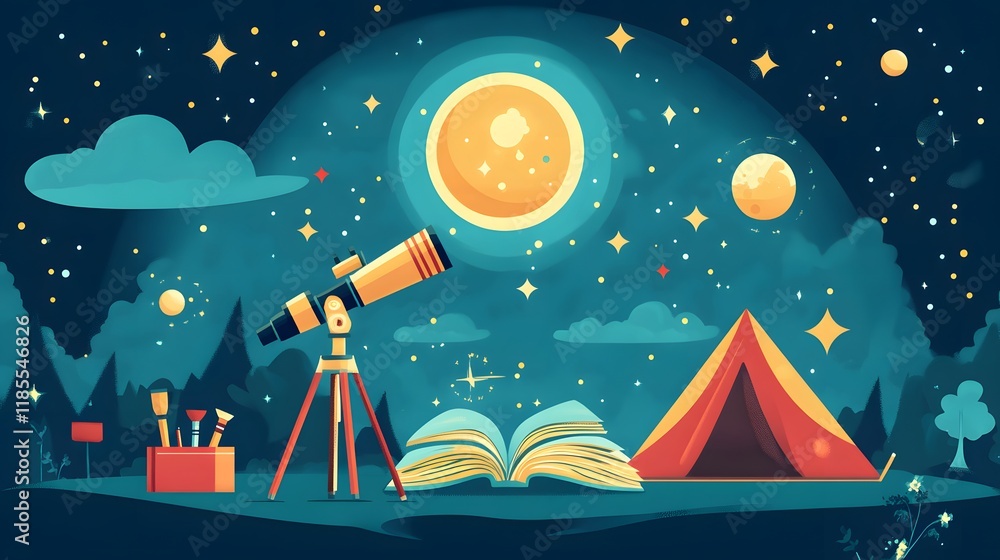Naklejka premium Nighttime Camping Underneath a Starry Sky With Telescope and Book