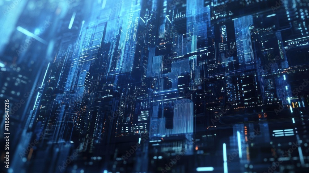 Futuristic cyberpunk cityscape illuminated with neon blue lights, showcasing advanced technology, dense urban structures. Futuristic cyberpunk cityscape illuminated with neon blue lights, showcasing advanced technology, dense urban structures.