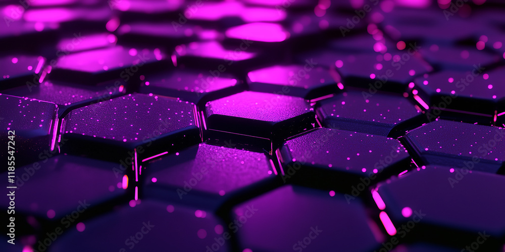 The image depicts a close-up view of a hexagonal grid structure illuminated with a vibrant purple light, creating a futuristic and technological aesthetic The image depicts a close-up view of a hexagonal grid structure illuminated with a vibrant purple light, creating a futuristic and technological aesthetic