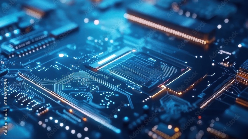 High-resolution close-up of a computer motherboard showcasing intricate electronic components and microchips in blue lighting. High-resolution close-up of a computer motherboard showcasing intricate electronic components and microchips in blue lighting.
