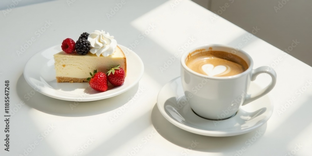 Creamy Cheesecake Slice with Berries and a Cup of Coffee in Sunlight Creamy Cheesecake Slice with Berries and a Cup of Coffee in Sunlight