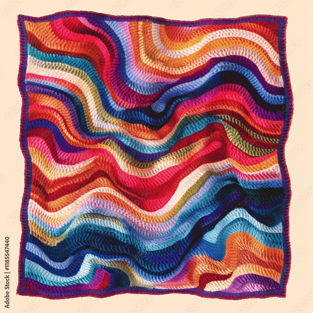 Vibrant multicolored crochet blanket with wavy patterns displayed on light background Vibrant multicolored crochet blanket with wavy patterns displayed on light background