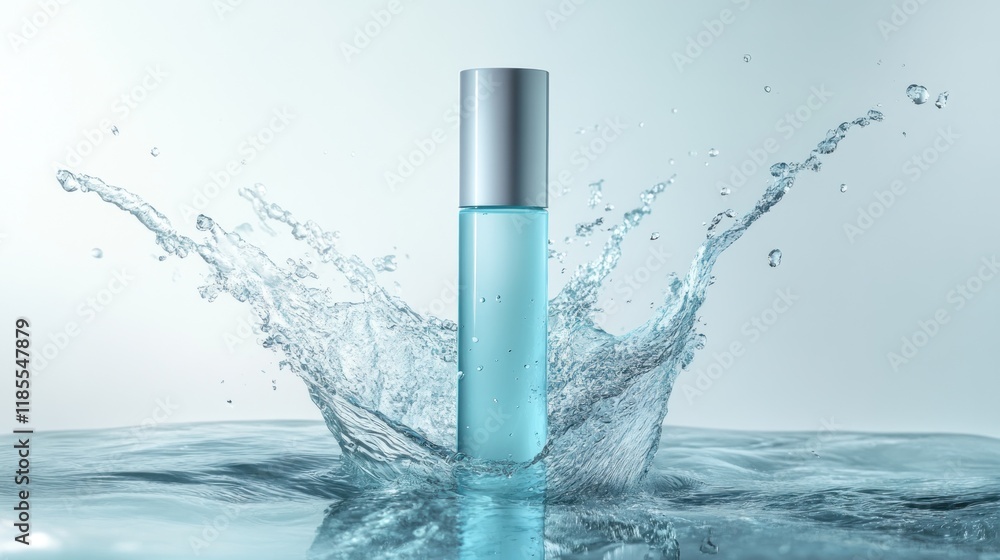Light blue perfume bottle in water splash. Light blue perfume bottle in water splash.