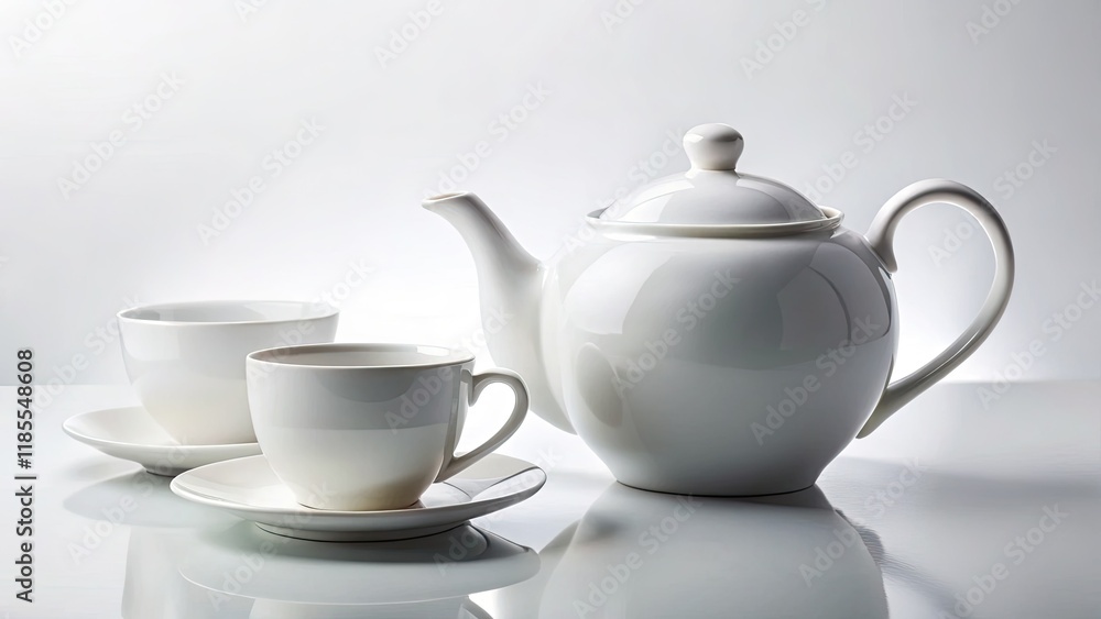 Pure white teapot and two cups, minimalist elegance against a stark white backdrop. Pure white teapot and two cups, minimalist elegance against a stark white backdrop.