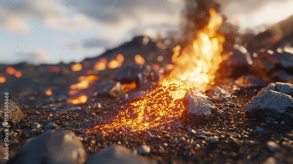 Molten Lava Flowing Across Volcanic Rocks Dramatic Fire and Rockscape at Sunset Molten Lava Flowing Across Volcanic Rocks Dramatic Fire and Rockscape at Sunset