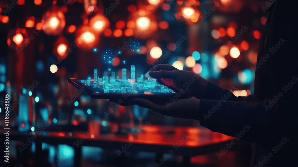 Futuristic holographic cityscape displayed on tablet in vibrant, glowing background, showcasing advanced technology and urban development Futuristic holographic cityscape displayed on tablet in vibrant, glowing background, showcasing advanced technology and urban development