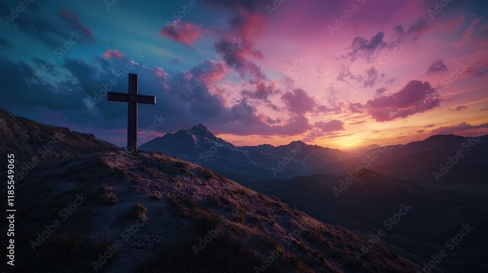 Christian cross on a background with dramatic lighting, colorful mountain sunset Christian cross on a background with dramatic lighting, colorful mountain sunset