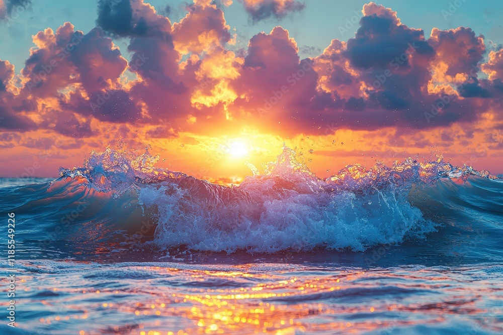 Naklejka premium Clear sea wave in crest shape, sunset light and beautiful clouds on background