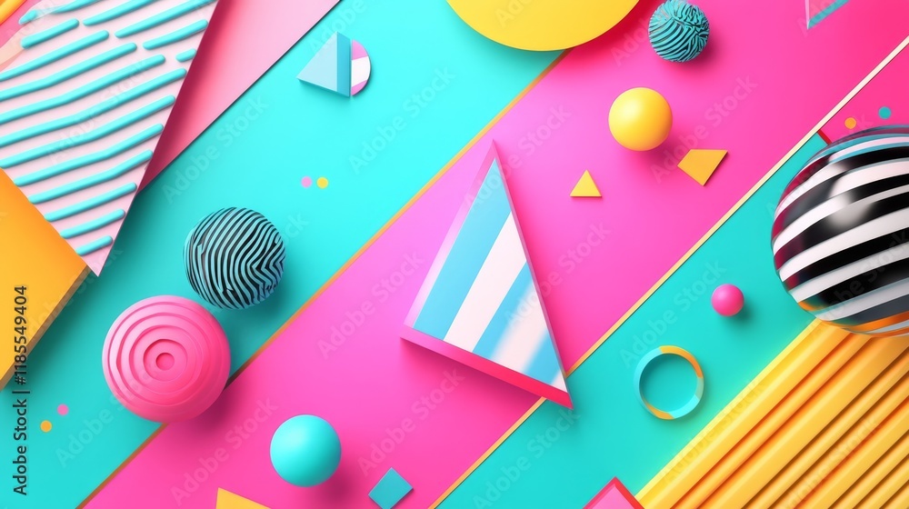 Obraz premium 46.A bold retro-inspired design with glossy 3D triangles, textured circles, and striped patterns in vibrant primary colors, placed on a gradient background transitioning from pink to teal.