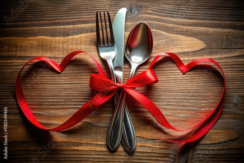 Romantic Valentine's silverware: heart-ribboned fork, knife, and spoon set.