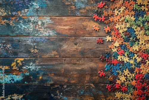 Colorful Puzzle Pieces Scattered On Rustic Wooden Background photo