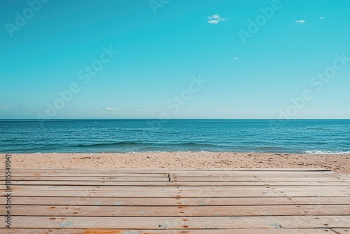 Fototapeta Naklejka Na Ścianę i Meble -  Wooden floor or plank on sand beach in summer, calm sea and blue sky background