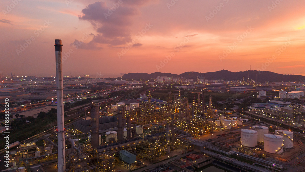 Obraz premium Oil Refinery plant at sunset. Gas Chemical Equipment Prodiction import export Concept, Crude Oil Refinery Plant Steel Pump Pipe line and Chimney and Cooling tower, Chemical Petrochemical