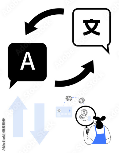 Conversation bubbles with A and foreign character connected by arrows, person thinking about financial exchange. Ideal for translation services, global communication, currency exchange, international