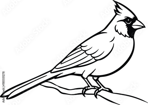 Cardinal bird on branch vector, bird on a branch line art vector isolated white background