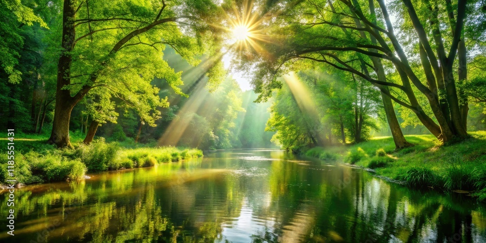 Serene riverside walk bathed in sunlit tranquility, peaceful forest reflected in calm waters. Serene riverside walk bathed in sunlit tranquility, peaceful forest reflected in calm waters.