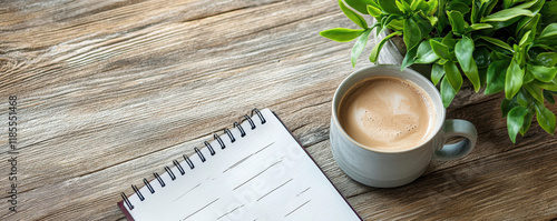 Wallpaper Mural Cozy Workspace Coffee Notebook Plant on Wooden Table Torontodigital.ca