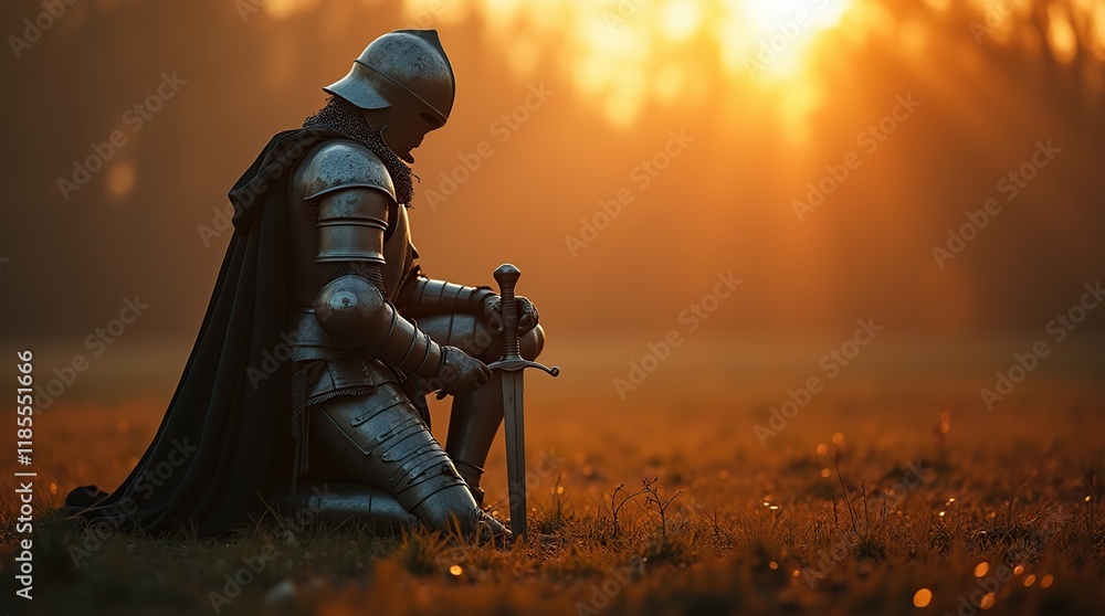 Solitary Knight Kneeling in Armor During a Golden Sunset Solitary Knight Kneeling in Armor During a Golden Sunset