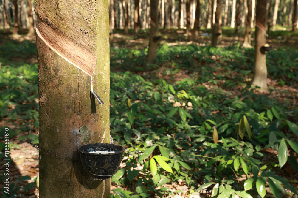 Fototapeta premium Rubber tree (Hevea Brasiliensis) and droping of latex in the bowl. Rubber tapping fresh milky Latex flows into a black plastic bowl in from para tree