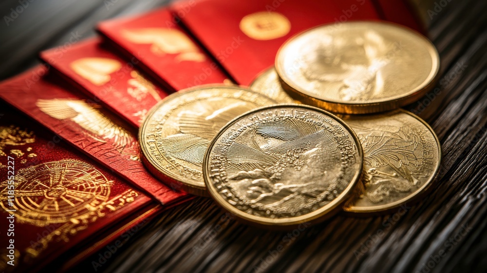 Coins and Red Envelopes with Traditional Patterns Coins and Red Envelopes with Traditional Patterns