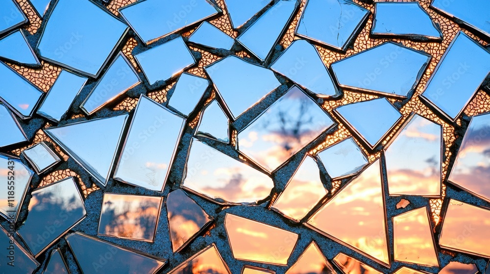 A stunning view of a sunset reflected in broken mirror shards, creating a captivating interplay of colors and textures. A stunning view of a sunset reflected in broken mirror shards, creating a captivating interplay of colors and textures.
