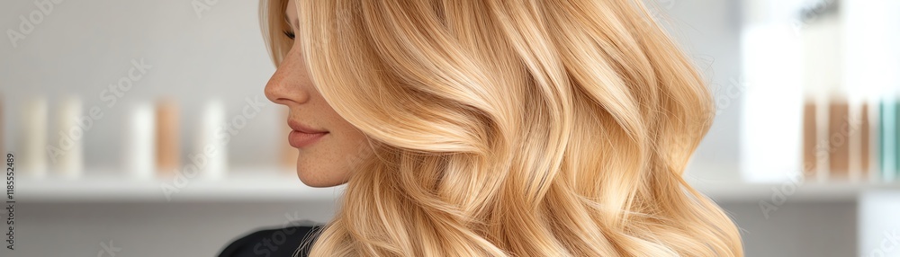 A human hair wig with voluminous waves, caramel blonde, displayed on a brushed metal counter A human hair wig with voluminous waves, caramel blonde, displayed on a brushed metal counter
