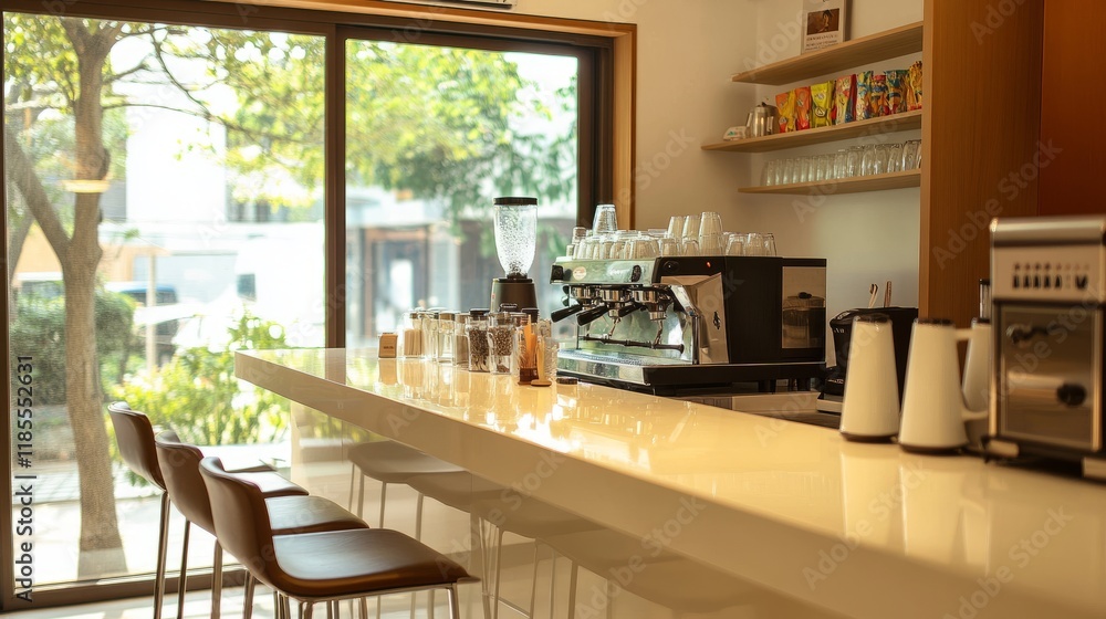 Stylish Korean-style cafe with a glossy ivory counter, sleek bar stools by the window, and a professional espresso setup, perfect for modern interior decor Stylish Korean-style cafe with a glossy ivory counter, sleek bar stools by the window, and a professional espresso setup, perfect for modern interior decor