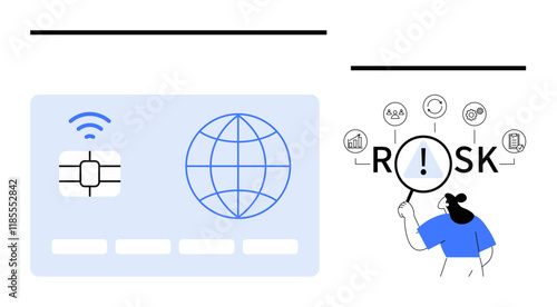 Credit card chip, globe, and user examining risk-related icons with magnifying glass. Ideal for cybersecurity, payment safety, data analysis, fraud detection, financial strategy, risk management