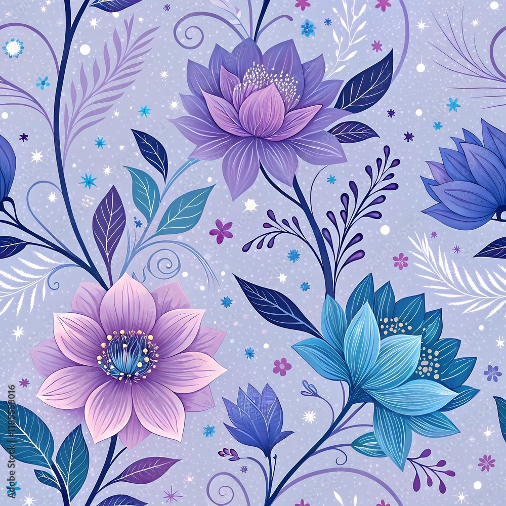 Seamless Abstract Purple and Blue Magical Flowers Pattern Background for Elegant Designs Seamless Abstract Purple and Blue Magical Flowers Pattern Background for Elegant Designs