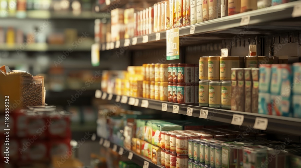 Supermarket shelves filled with product packages and boxes, with a promotional banner hanging in a prominent location in a detailed 3D visualization Supermarket shelves filled with product packages and boxes, with a promotional banner hanging in a prominent location in a detailed 3D visualization
